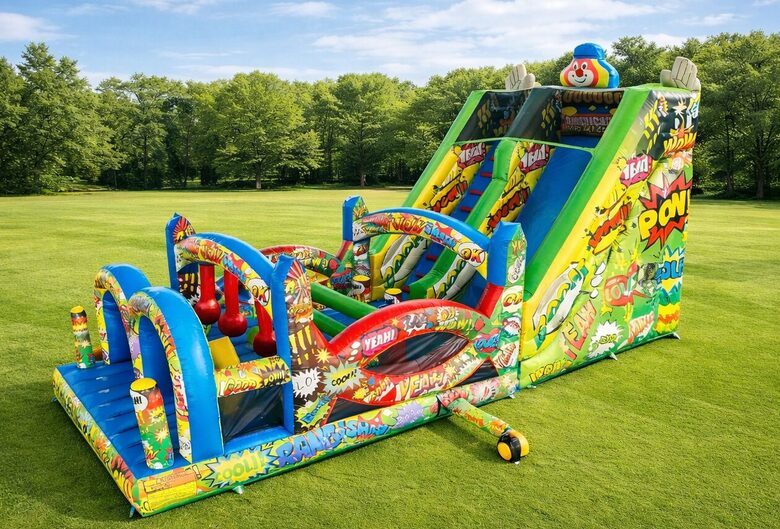 Lielā piepūšamā šķēršļu trase bērnu pasākumiem un atrakciju nomai